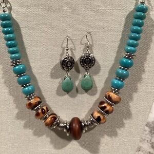 Long Turquoise and Brown Beaded Necklace Set